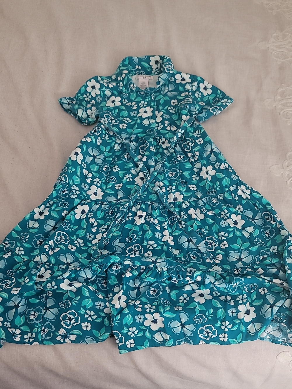 Sincerly Jules Teal and White Floral Hawaiian Girls' Dress, Size 8